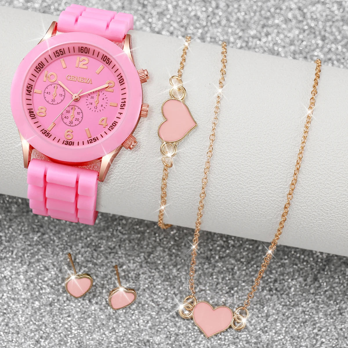 Women's Set with 5 or 6 Pieces – Quartz Watch with Silicone Strap and Jewelry