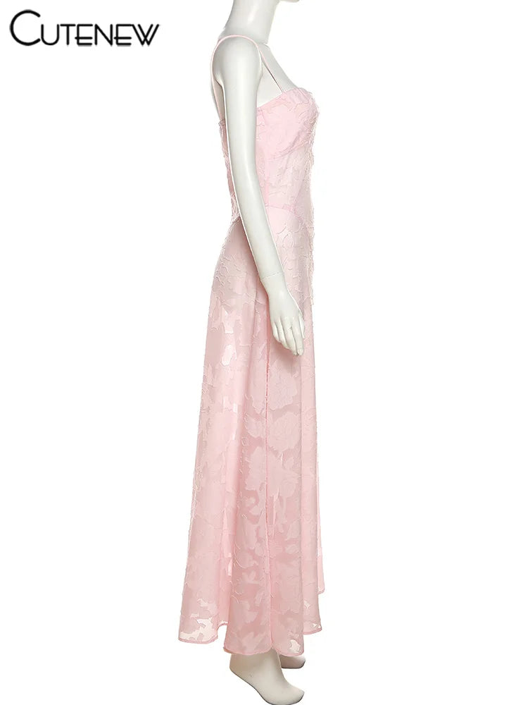 Vestido Maxi Feminino Verão 2025 – Floral Elegante, Tule Transparente, Sem Mangas