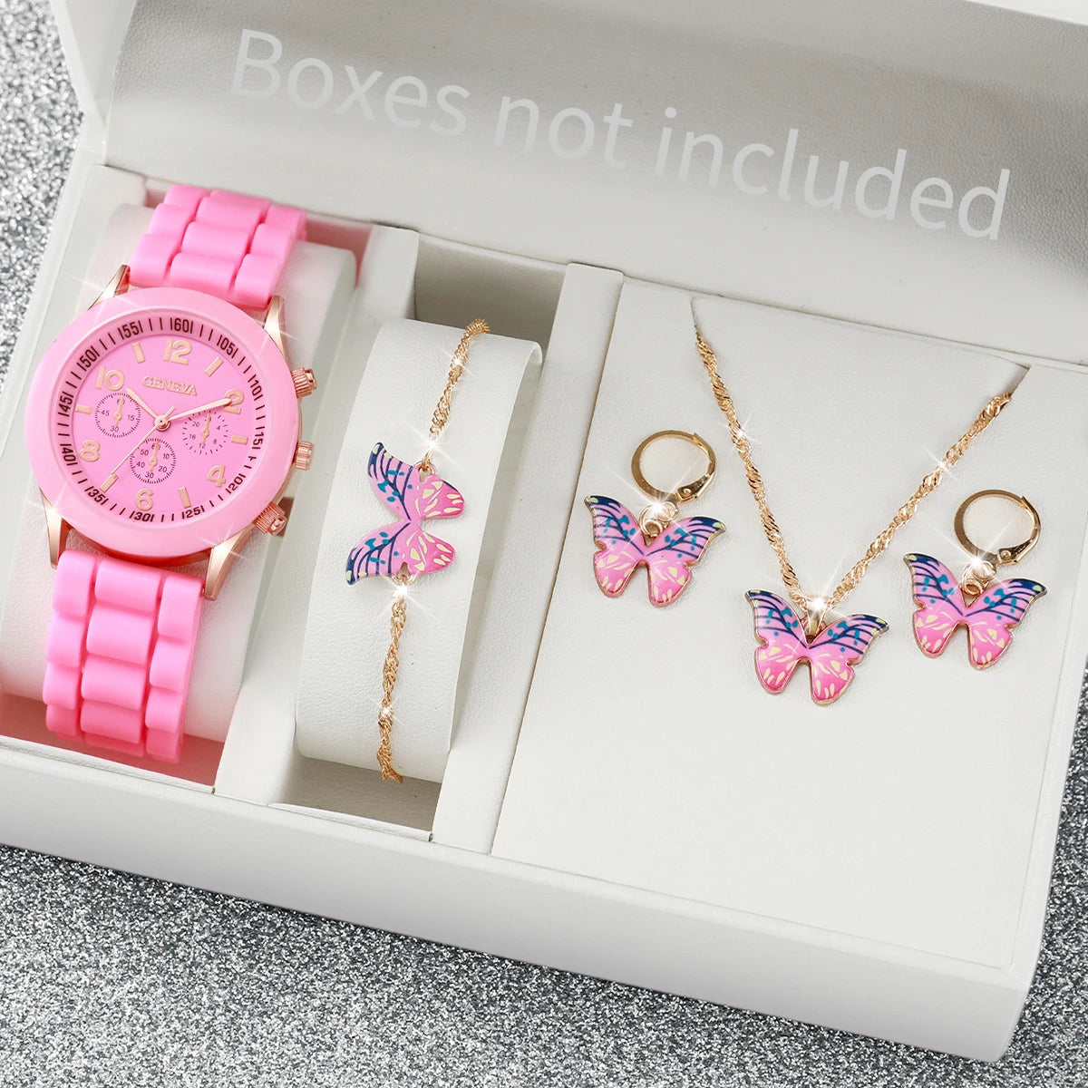 Women's Set with 5 or 6 Pieces – Quartz Watch with Silicone Strap and Jewelry
