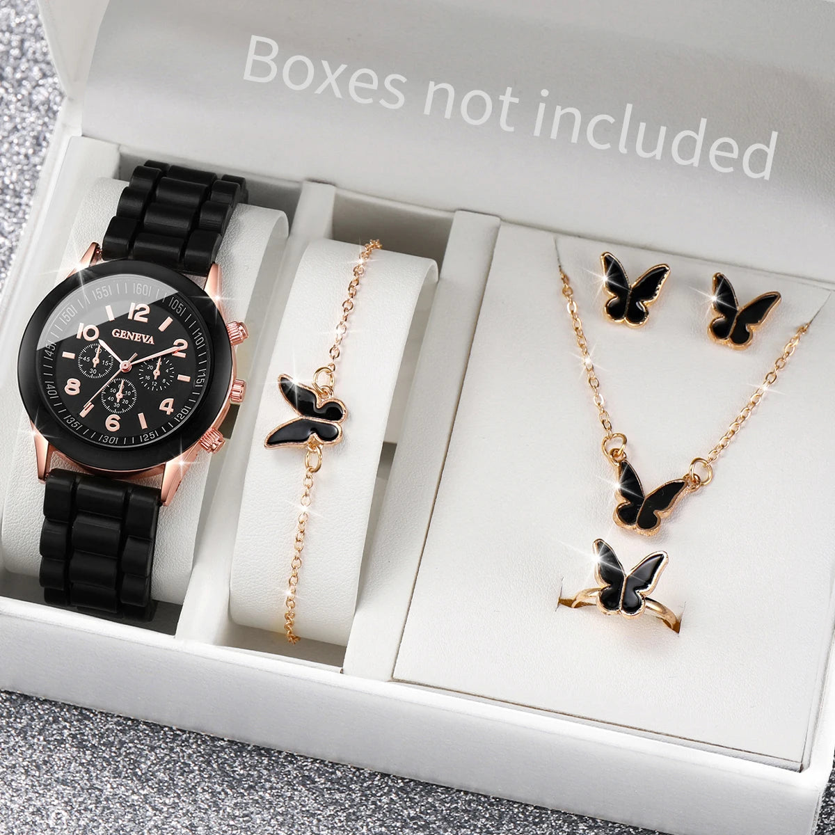 Women's Set with 5 or 6 Pieces – Quartz Watch with Silicone Strap and Jewelry