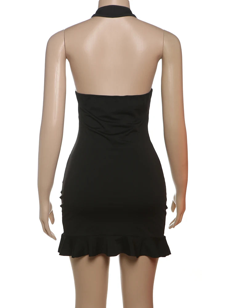 Vestido Mini Feminino com Renda e Nós Metálicos – Sem Costas, Halter, Justo