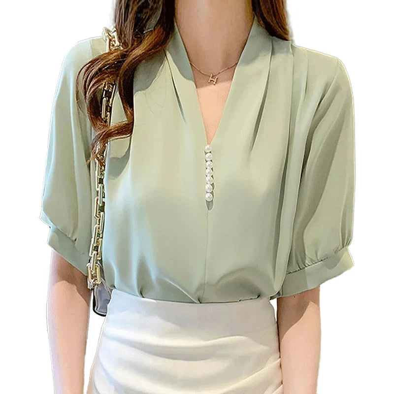 Blusa Casual Verão – Manga Curta Bufante, Decote em V