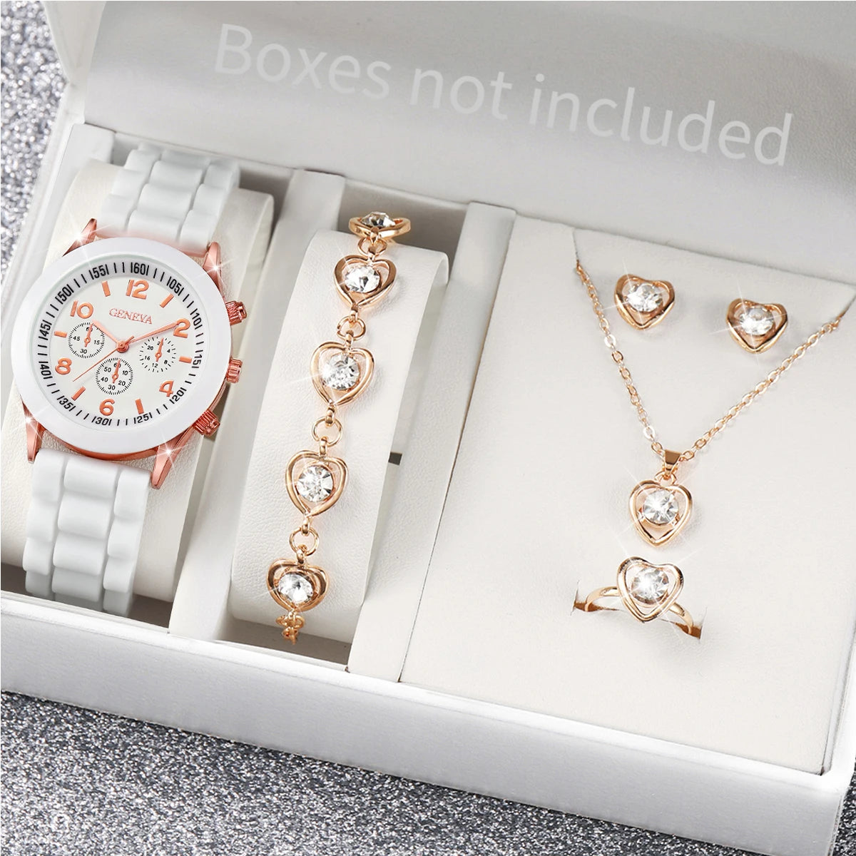 Women's Set with 5 or 6 Pieces – Quartz Watch with Silicone Strap and Jewelry