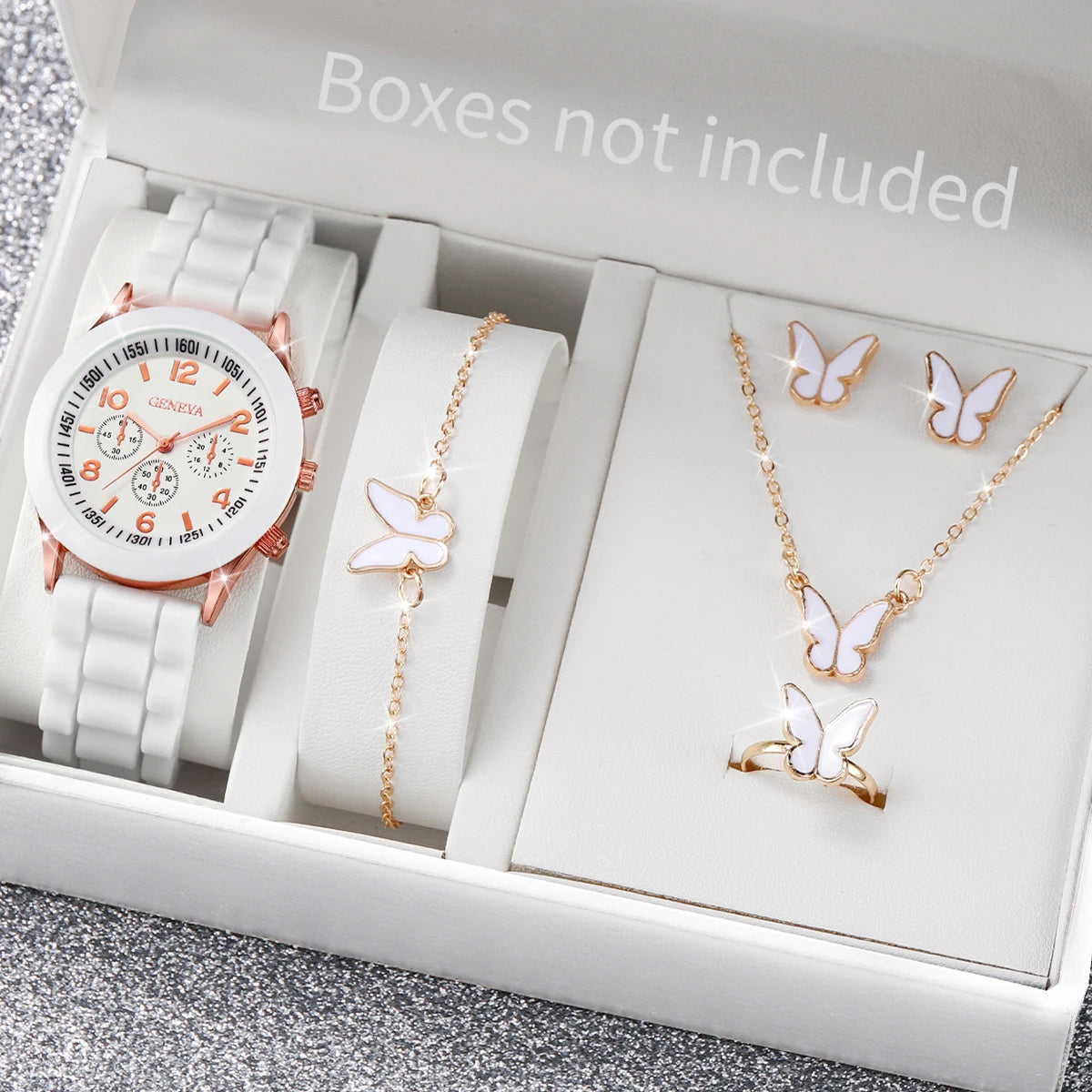Women's Set with 5 or 6 Pieces – Quartz Watch with Silicone Strap and Jewelry