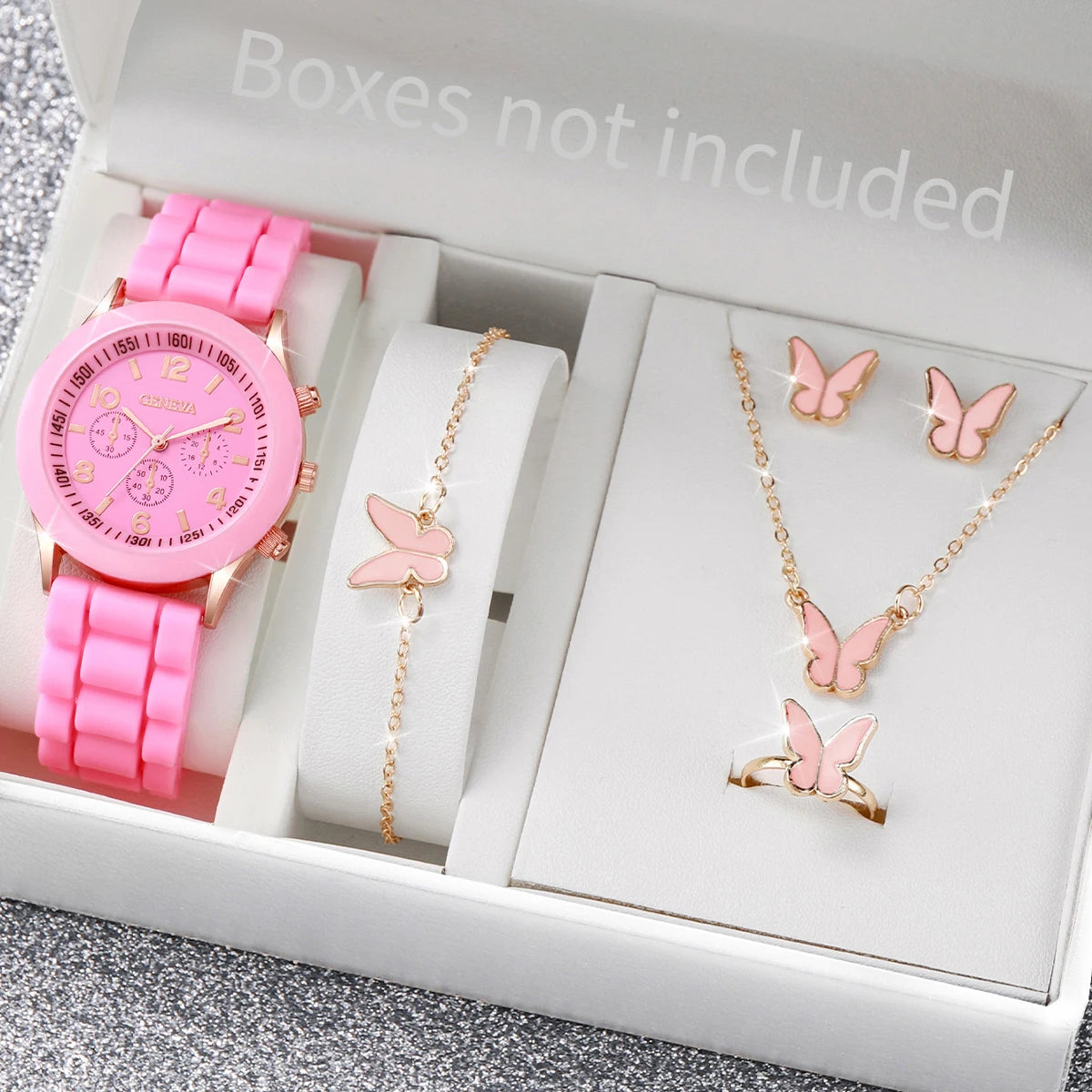 Women's Set with 5 or 6 Pieces – Quartz Watch with Silicone Strap and Jewelry
