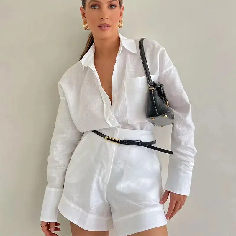 Conjunto Casual Feminino Verão 2025 – Camisa de Manga Longa com Botões