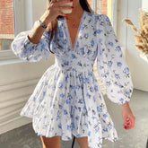 Vestido Floral Feminino Curto – Cintura Alta, Decote em V, Manga Comprida