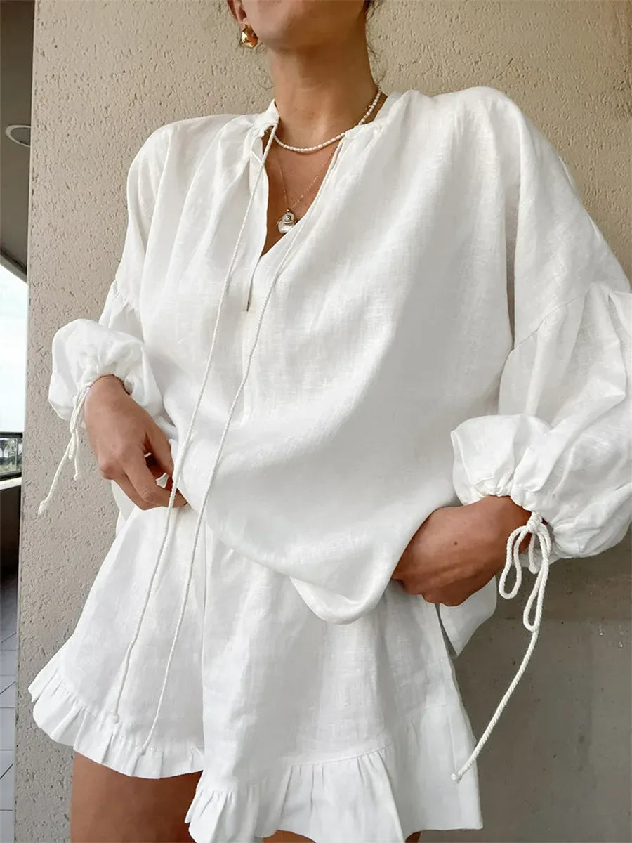 Casual Set 2025 – Long Sleeve V-Neck Shirt / High Waist Palazzo