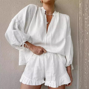 Conjunto Casual 2025 – Camisa de Manga Comprida com Decote V / Palazzo de Cintura Alta