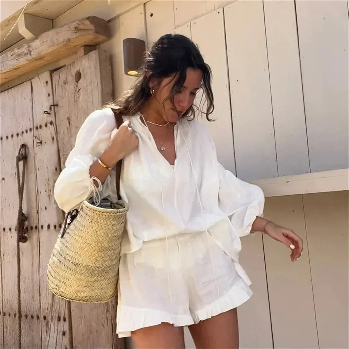 Casual Set 2025 – Long Sleeve V-Neck Shirt / High Waist Palazzo