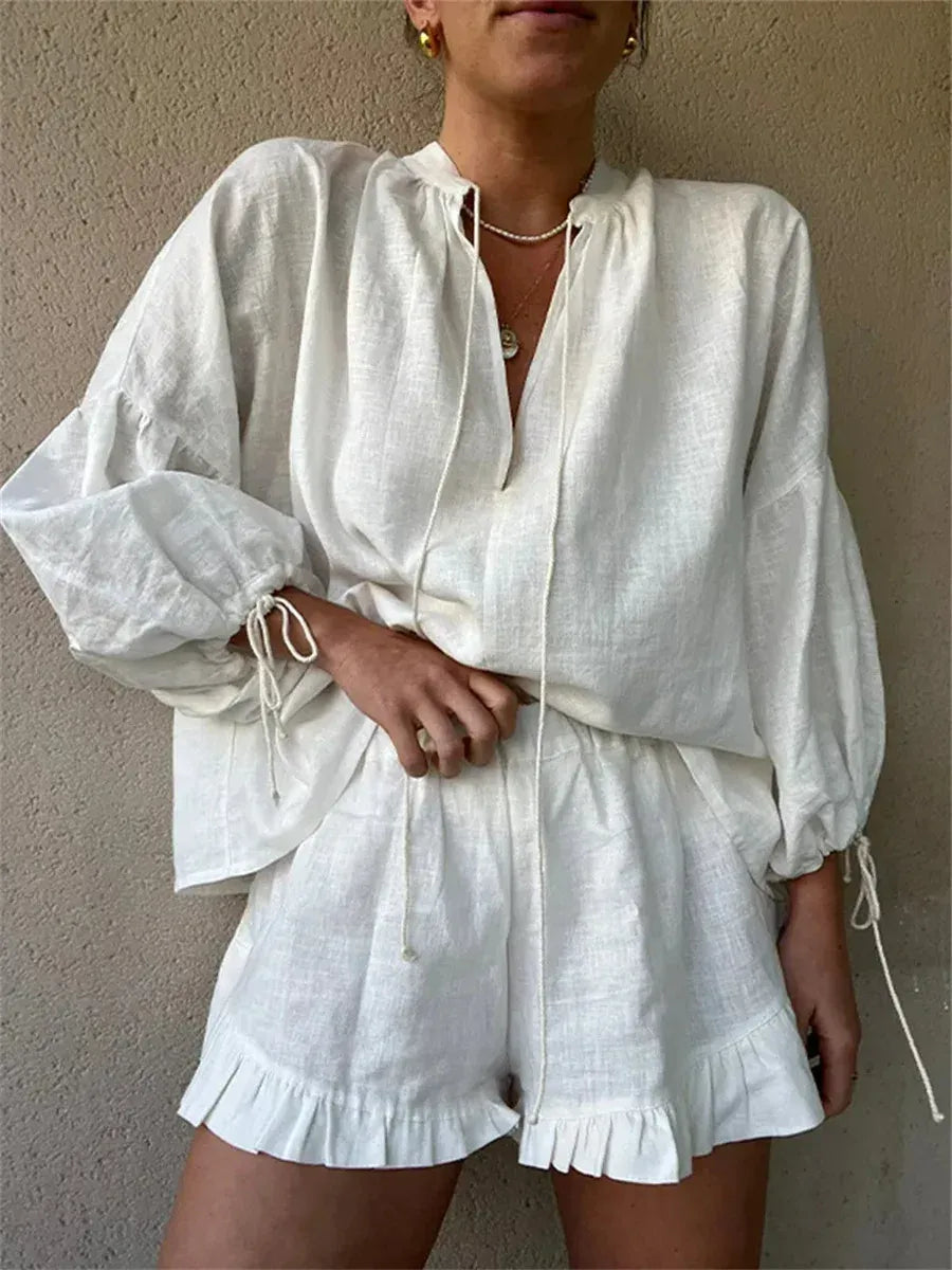 Casual Set 2025 – Long Sleeve V-Neck Shirt / High Waist Palazzo