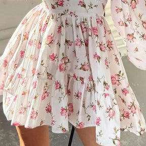 Vestido Floral Feminino Curto – Cintura Alta, Decote em V, Manga Comprida