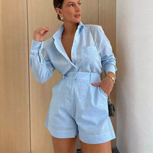 Conjunto Casual 2025 – Camisa de Manga Comprida com Decote V / Palazzo de Cintura Alta