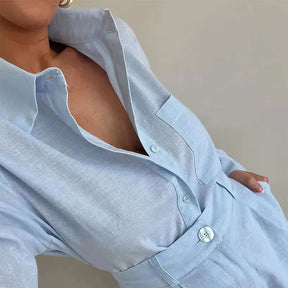 Conjunto Casual 2025 – Camisa de Manga Comprida com Decote V / Palazzo de Cintura Alta