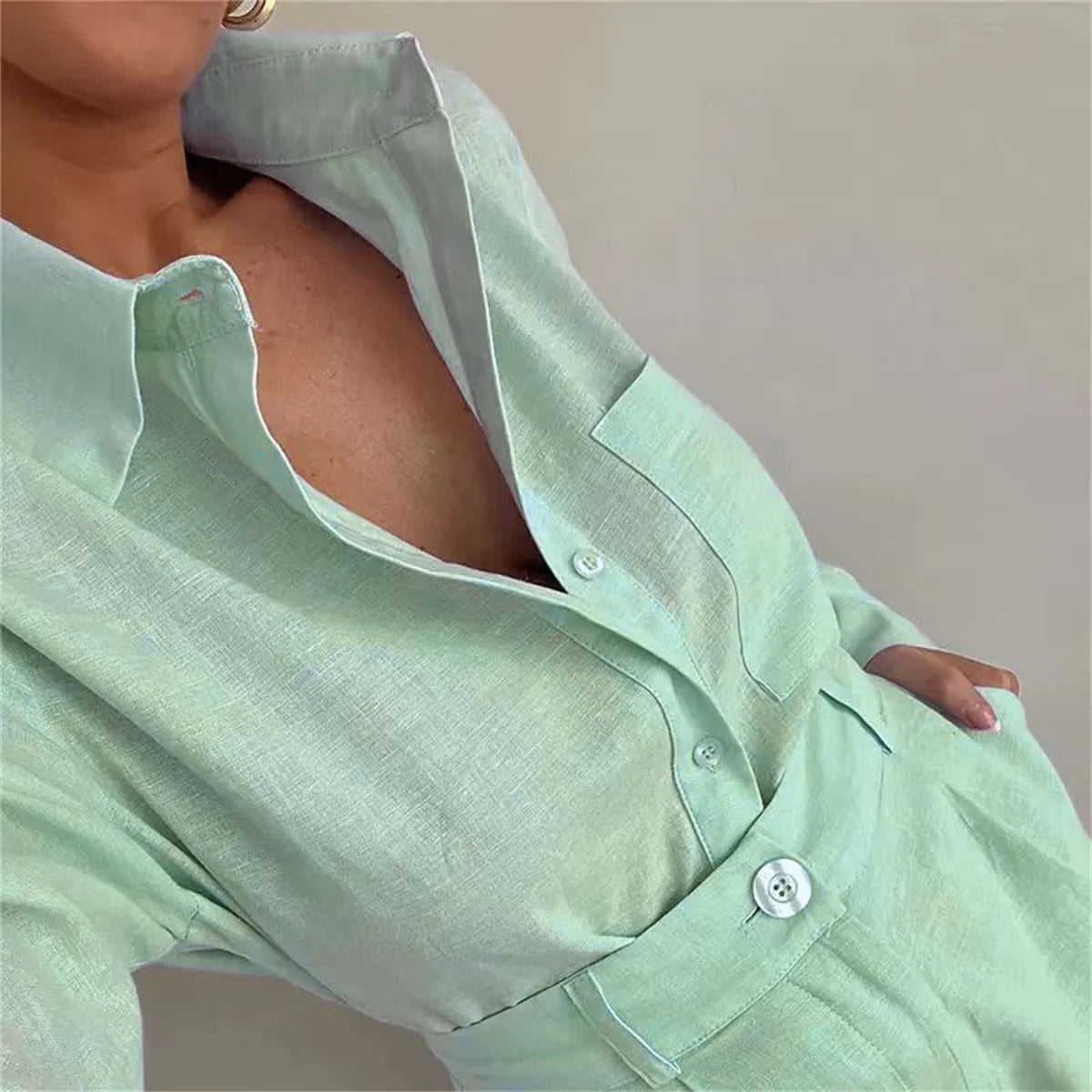 Conjunto Casual Feminino Verão 2025 – Camisa de Manga Longa com Botões