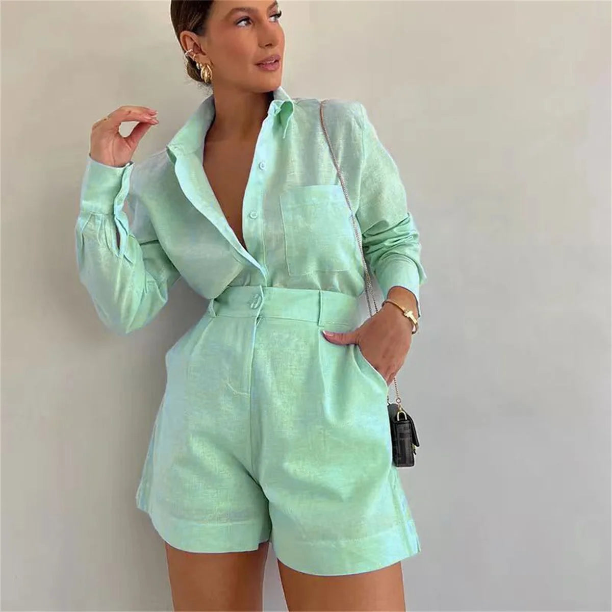 Conjunto Casual Feminino Verão 2025 – Camisa de Manga Longa com Botões