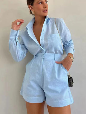 Conjunto Casual 2025 – Camisa de Manga Comprida com Decote V / Palazzo de Cintura Alta