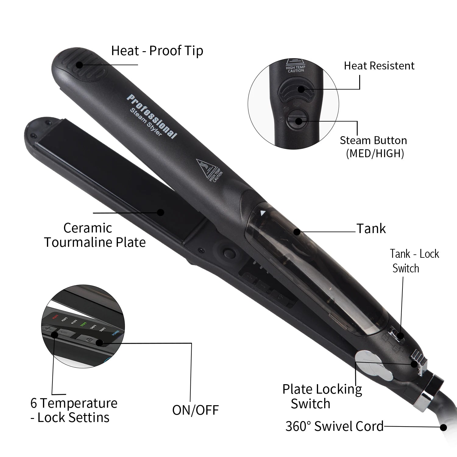Professional Steam Hair Straightener with Ceramic Coating – Argan Oil Treatment – ​​Fast Heat Up to 450℉