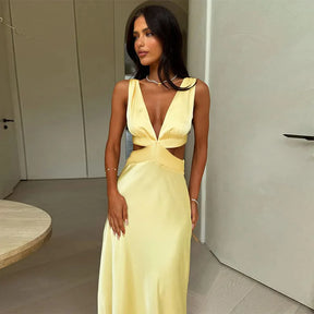 Long Dress with Deep V-Neckline – Elegant Cutouts, Side Slit and High Waist