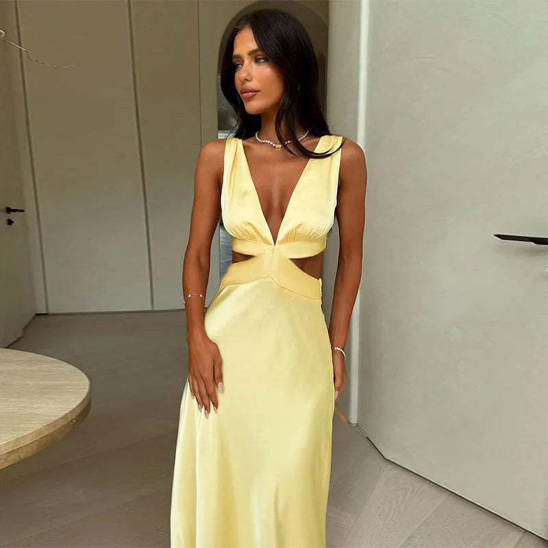Long Dress with Deep V-Neckline – Elegant Cutouts, Side Slit and High Waist
