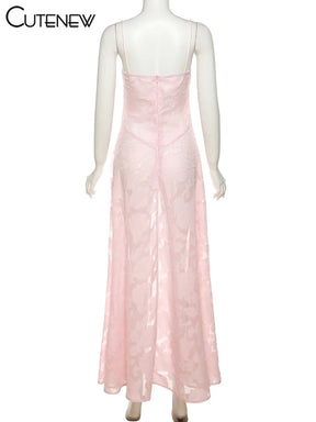 Vestido Maxi Feminino Verão 2025 – Floral Elegante, Tule Transparente, Sem Mangas