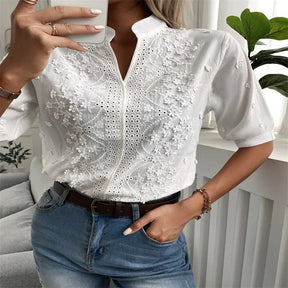 Camisa Branca Verão 2024 – Manga Curta Elegante, Croché Vintage, Blusa Vazado em Algodão