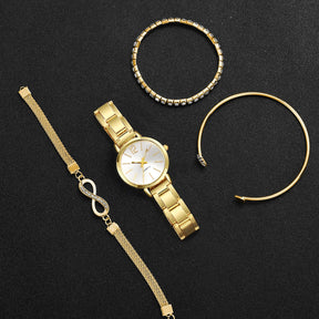 Conjunto Feminino 4 Peças – Relógio Quartz Elegante e Casual com Bracelete