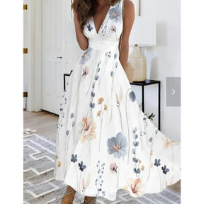 Vestido Feminino Elegante de Verão 2025 – Estampado, Cintura Alta, Sem Mangas e de Comprimento Médio