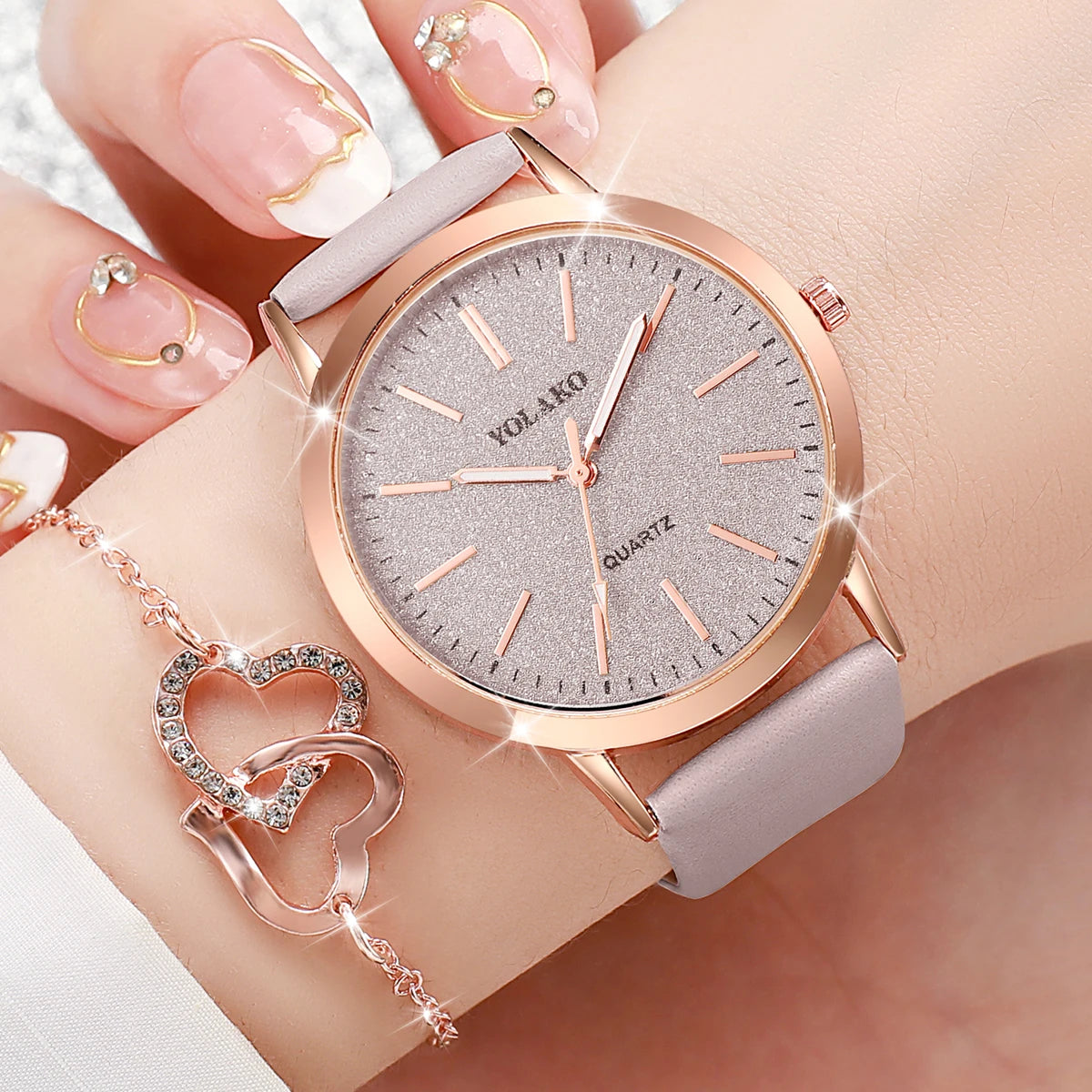 6-Piece Women's Set – Watch with Leather Bracelet and Rosé Jewelry Set with Heart 