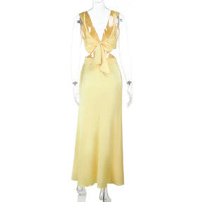 Long Dress with Deep V-Neckline – Elegant Cutouts, Side Slit and High Waist