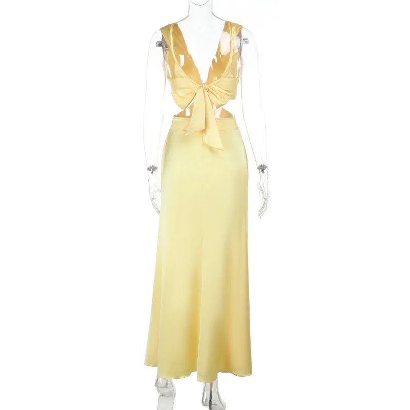 Long Dress with Deep V-Neckline – Elegant Cutouts, Side Slit and High Waist