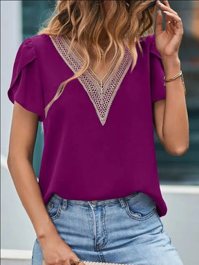Women's Elegant Summer Chiffon T-shirt – Short Sleeve with Lace and Petal Cut