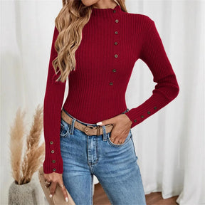 Blusa Elegante de Malha com Botões e Manga Comprida – Camada Confortável
