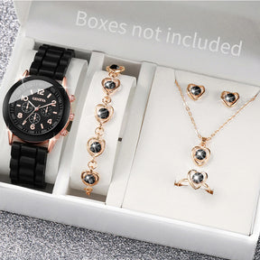 Women's Set with 5 or 6 Pieces – Quartz Watch with Silicone Strap and Jewelry