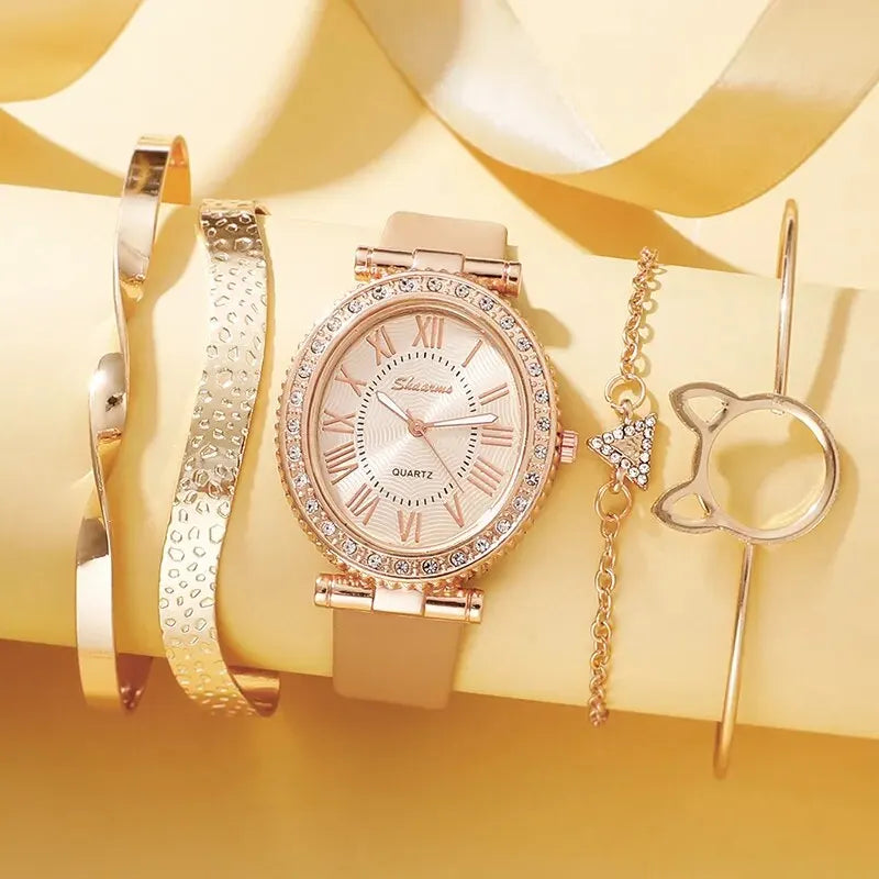 Luxury Women's Watch Set – Leather Strap, Analog Display and Elegant Bracelet