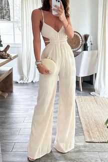 Elegant Women's Sleeveless Jumpsuit – Thin Straps, Open Back and Wide Leg 