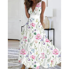 Vestido Feminino Elegante de Verão 2025 – Estampado, Cintura Alta, Sem Mangas e de Comprimento Médio