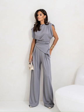 Women's Satin Set – Pleated Top with Slit and Wide Leg Pants