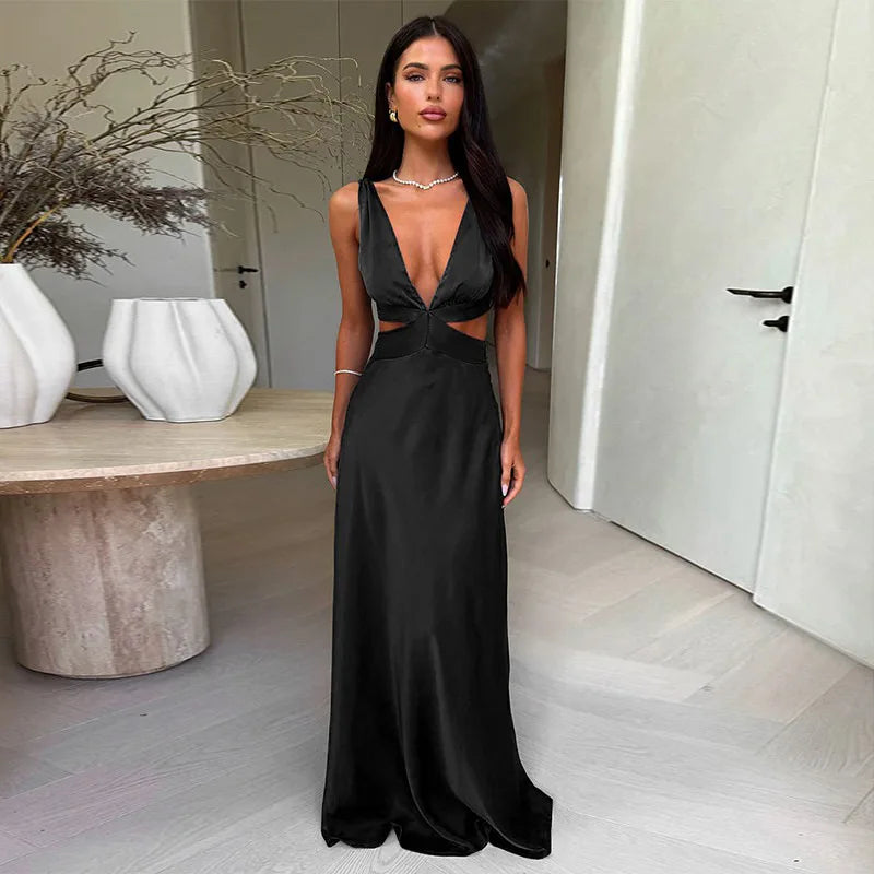 Long Dress with Deep V-Neckline – Elegant Cutouts, Side Slit and High Waist