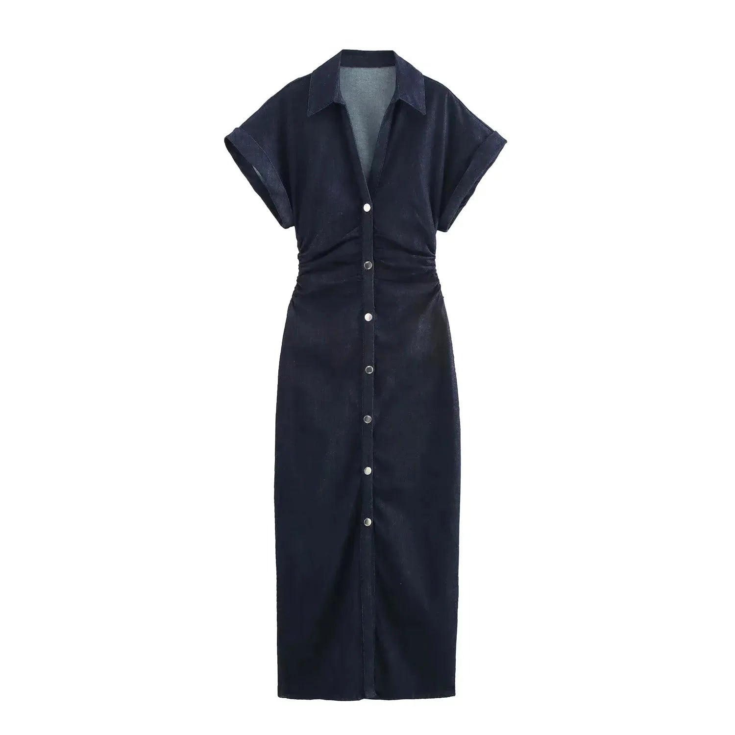 Women's Denim Midi Dress – Casual Elegance Spring/Summer 2025 with Short Ruched Sleeves 
