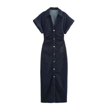 Women's Denim Midi Dress – Casual Elegance Spring/Summer 2025 with Short Ruched Sleeves 