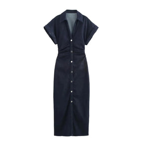 Women's Denim Midi Dress – Casual Elegance Spring/Summer 2025 with Short Ruched Sleeves 