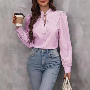 Women's Autumn Blouse – Striped Shirt with Buttons and Long Sleeves