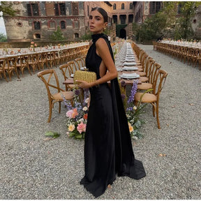 Satin Prom Dress with Bow – Elegant, Halter Neckline, Off-the-Shoulder and Open Back