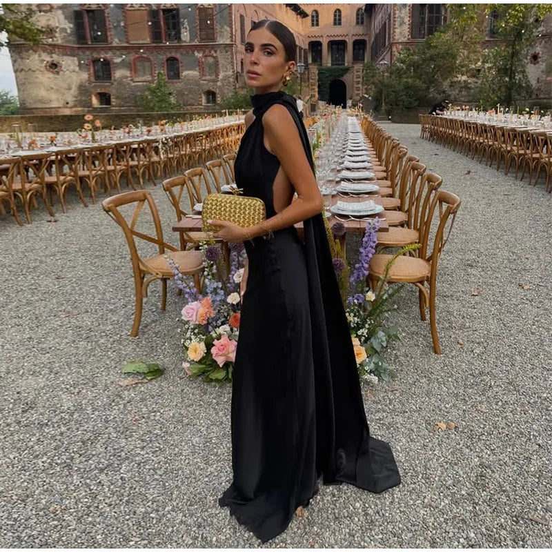 Satin Prom Dress with Bow – Elegant, Halter Neckline, Off-the-Shoulder and Open Back