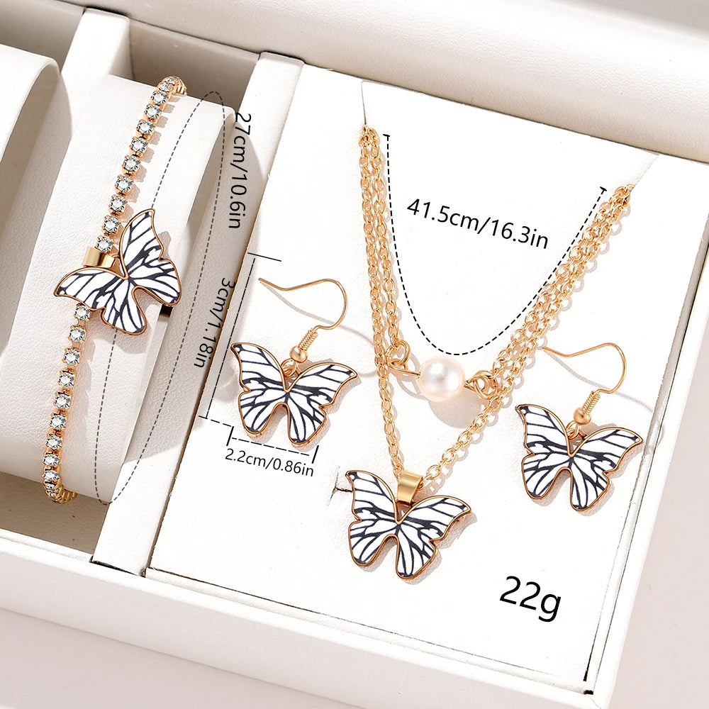 Women's 5-Piece Set – White Watch with Butterfly Dial and Leather Strap