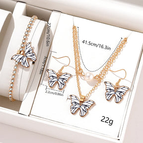 Women's 5-Piece Set – White Watch with Butterfly Dial and Leather Strap