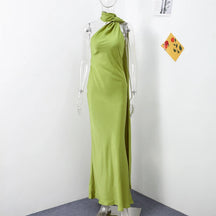 Satin Prom Dress with Bow – Elegant, Halter Neckline, Off-the-Shoulder and Open Back