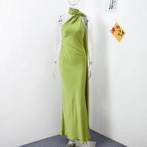 Satin Prom Dress with Bow – Elegant, Halter Neckline, Off-the-Shoulder and Open Back