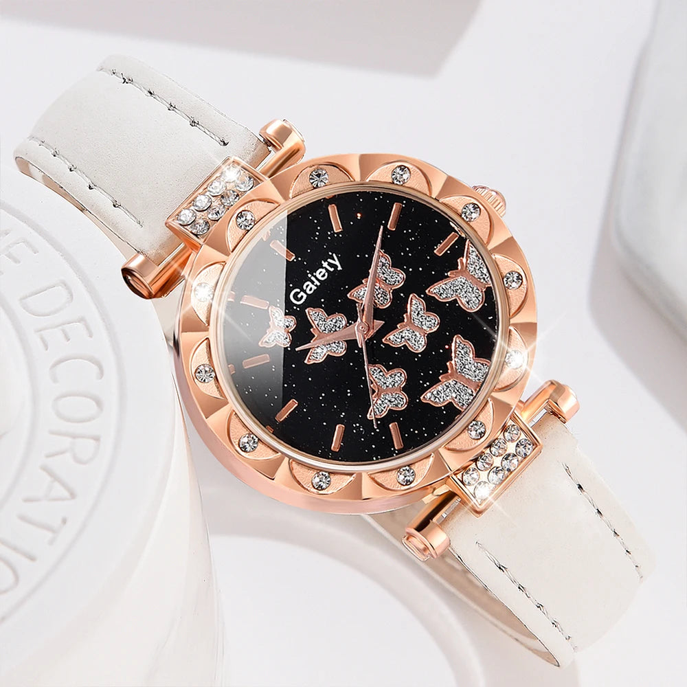 Women's 5-Piece Set – White Watch with Butterfly Dial and Leather Strap